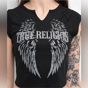 NWOT Bling True Religion Black Crop Top with Silver Wings Size Small